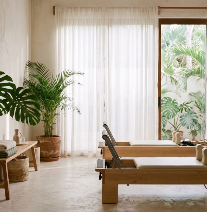 Sala de Pilates Reformer de Casa KiGua, con luz natural y plantas
